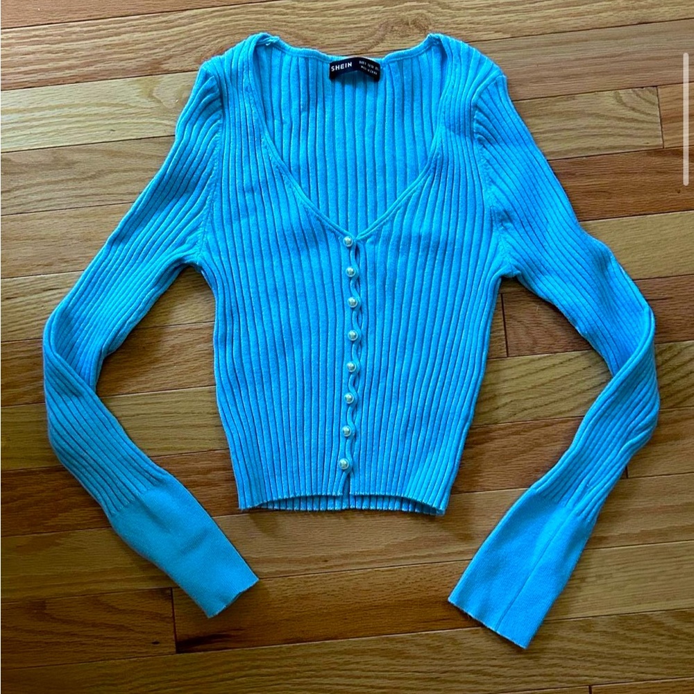 small blue shein sweater with pearl buttons